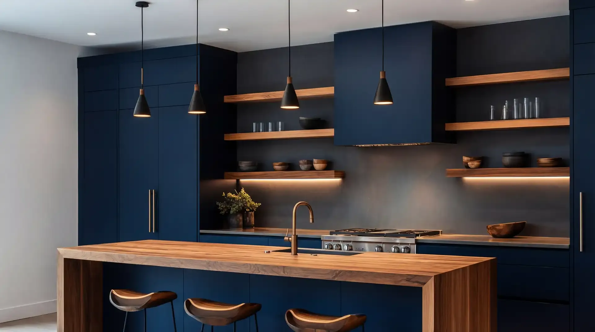 Modern navy blue kitchen with walnut island